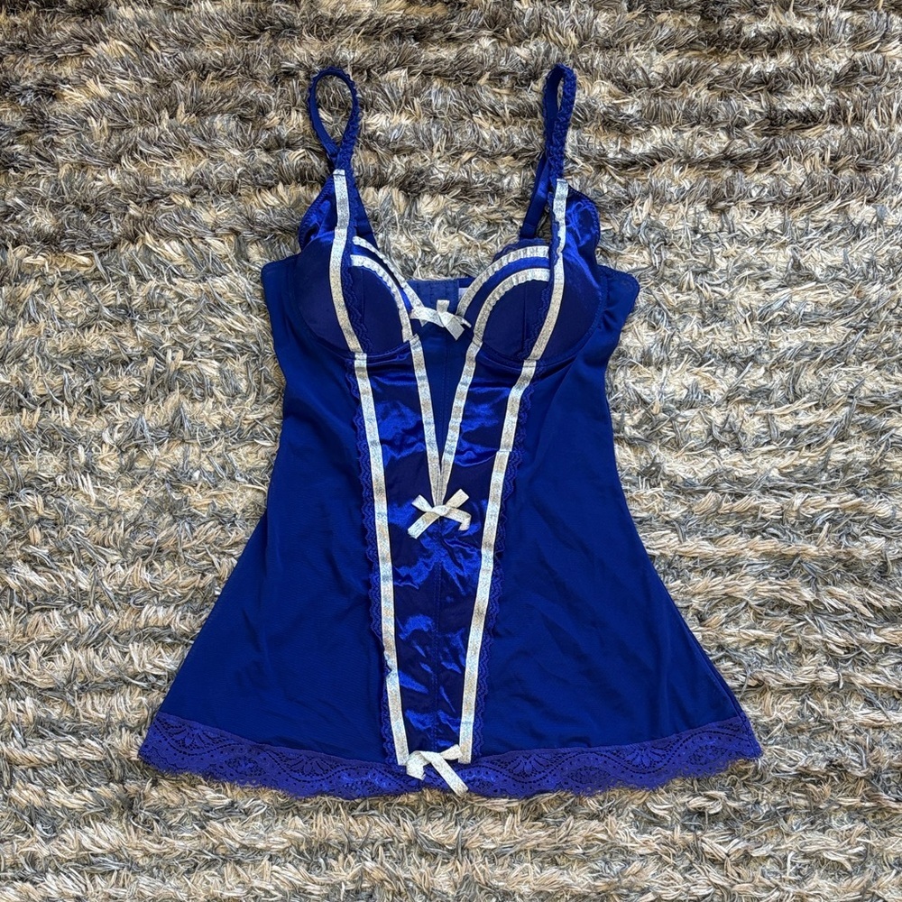 Never Naked Royal Blue Lace-Trim Chemise with Silver Contrast Bows, Size S